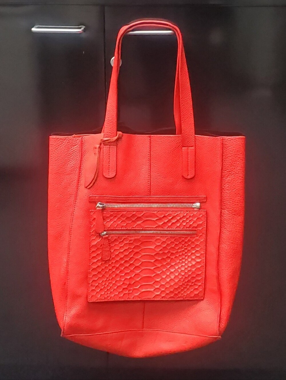 Women's Red Textured Front-Pocket Tote Bag